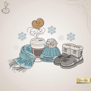 Könnte beinhalten: Ein gesticktes Design mit Winterartikeln. Eine Kaffeetasse mit herzförmigem Dampf, ein blauer Schal, eine blaue Strickmütze mit Bommel und graue Winterstiefel werden mit Schneeflocken dargestellt. Das Wort "DIGITAL" befindet sich in einem goldenen Rechteck.