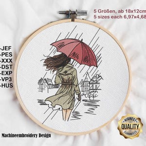 May include: An embroidery hoop features a design of a person walking in the rain under a red umbrella. The person is wearing a green coat. The text "Machineembroidery Design" is at the bottom. The text "5 sizes each 6.97x4.68 inches" is at the top.