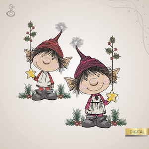 Peut inclure: Deux motifs brodés d'elfes de Noël. Chaque elfe porte un chapeau rouge et tient une étoile jaune. Ils ont des joues roses, de grandes oreilles et sont vêtus de tenues rouges et blanches. Les elfes se tiennent sur un lit d'aiguilles de pin vertes et de baies rouges.