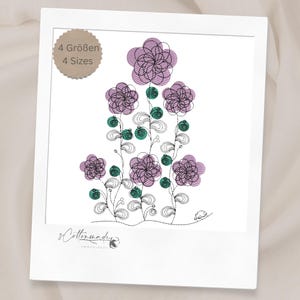 Könnte beinhalten: Ein gesticktes Blumendesign mit stilisierten lila Blumen, grünen Akzenten und wirbelnden Stielen. Das Design enthält den Text "4 Größen 4 Sizes" und das Cottonmade-Sticklogo.