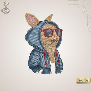 May include: An embroidered design of a rabbit wearing a denim hoodie and red-framed sunglasses. The rabbit has tan fur, pink inner ears, and a white shirt. The word "DIGITAL" is in a gold rectangle.
