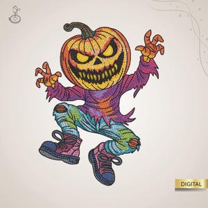 Könnte beinhalten: Gesticktes Halloween-Design mit einer Vogelscheuche mit einem Kürbiskopf. Der Kürbis ist orange mit einem bedrohlichen Gesicht, und die Vogelscheuche trägt ein lila Hemd, bunte Hosen und blaue und rosa Stiefel. Das Wort "DIGITAL" steht in einem goldenen Rechteck.