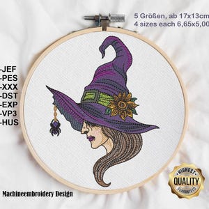 May include: An embroidery hoop features a witch's profile wearing a purple hat with a sunflower and a dangling spider. The design includes the text "Machineembroidery Design" and "HIGHEST QUALITY GUARANTEED". The design is approximately 6.65 x 5.00 inches.