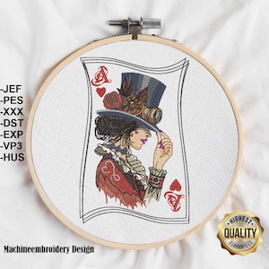 Broderie Reine as de cœur / Fichier de broderie coeur as dame / Steampunk queen Design, Modèles pour broderie machine, TÉLÉCHARGEMENT INSTANTANÉ