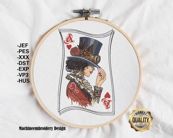 Embroidery Queen ace of hearts /Stickdatei Herz Ace Dame / Steampunk queen Design, Patterns for Machine embroidery, INSTANT DOWNLOAD