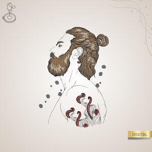 Peut inclure: Illustration numérique d'un homme barbu avec les cheveux attachés en chignon. L'homme a un tatouage dans le dos. L'image est dans des tons bruns et beiges. Le mot "DIGITAL" est dans un rectangle doré en bas à droite.