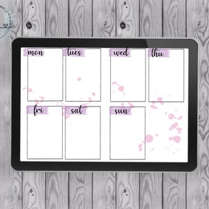 May include: A digital weekly planner with a pink watercolor background. The planner is divided into seven sections, one for each day of the week: Monday, Tuesday, Wednesday, Thursday, Friday, Saturday, and Sunday.