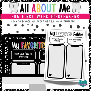 Può includere: Un modello "All About Me" in bianco e nero per la prima settimana di scuola. Il design include uno schermo di computer e un foglio con il testo "My Favorites Folder". Il modello invita gli studenti a disegnare il loro cibo/pasto e libro preferiti.