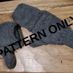 May include: A pair of gray knitted mittens. The mittens are made of a soft, textured yarn. The text "PATTERN ONLY!" is superimposed on the image.