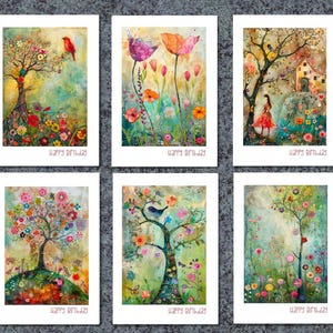Birthday Cards, Whimsical Garden, Floral Designs Multipack 6 Handmade Greeting Cards, Pack C