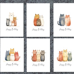 Cat Birthday Card Pack: Watercolor Family, Handmade Cards (Set of 6)