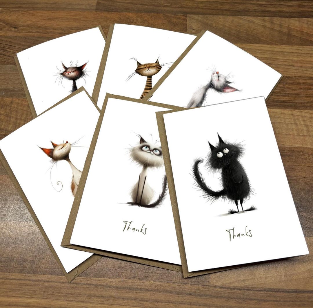 Funny Cartoon Cat Thank You Cards: Handmade Greeting Card Pack - Etsy