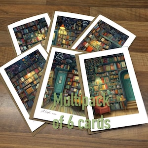 May include: A set of six greeting cards with a charming library illustration. The cards depict a room filled with bookshelves, a door, and a reading chair. The text "Multipack of 6 cards" is displayed. Each card has a white border and a brown backing.