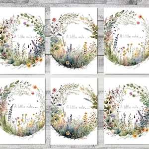 May include: Six printable cards featuring watercolour illustrations of floral wreaths. Each card includes the text "A little note..." in a handwritten font.
