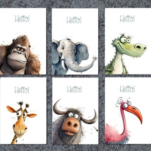 Funny Greeting Card Pack, Funny Safari Animals, Cartoon Characters, 6 Handmade Cards, Fun Cards Multipack, Hello Cards, Any Occasion Cards