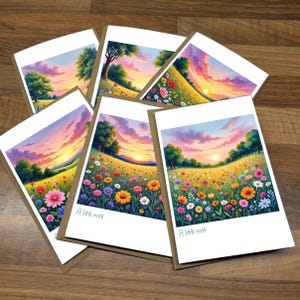 May include: A collection of greeting cards with a landscape painting. The image shows a field of wildflowers under a sunset sky. Each card has the text "A little note" at the bottom, printed in a light blue font.