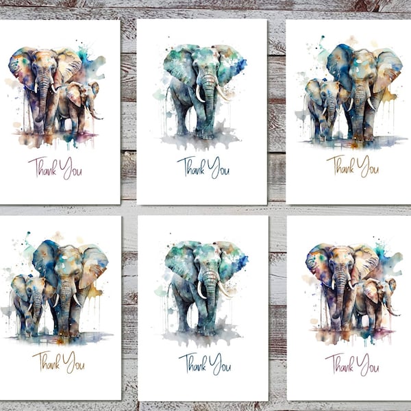 Thank You Card Pack Beautiful African Elephant Illustrations Varied Designs Multipack of 6 Handmade Wild Africa