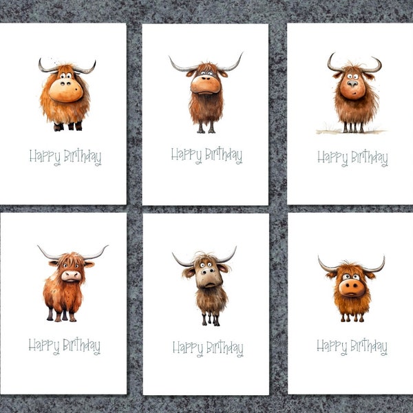 Birthday Card Pack Funny Highland Cow Illustrations Varied Designs Multipack of 6 Handmade Greeting Cards, Fun Birthday Cards