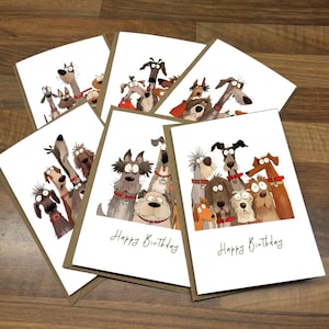 Birthday Card Pack, Funny Dog Family Illustrations Varied Designs Multipack of 6 Handmade Greeting Cards Dog Lover Cards, Pack B