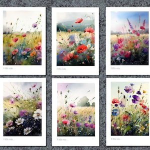 May include: Six watercolour paintings of a field of wildflowers. Each painting features a different arrangement of red, pink, purple, and white flowers. The text "A little note..." appears at the bottom of each painting.