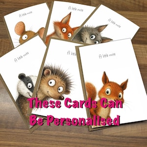 May include: A set of illustrated greeting cards with woodland animal designs. Each card has a white front with the text "A little note" and a brown border. The cards feature a mouse, fox, wolf, badger, hedgehog, and squirrel.