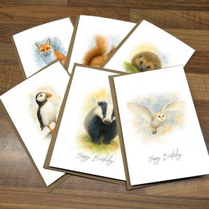 May include: A selection of birthday cards with watercolour illustrations of British wildlife: a fox, squirrel, hedgehog, puffin, badger, and owl. Each card has a brown border and the words "Happy Birthday".