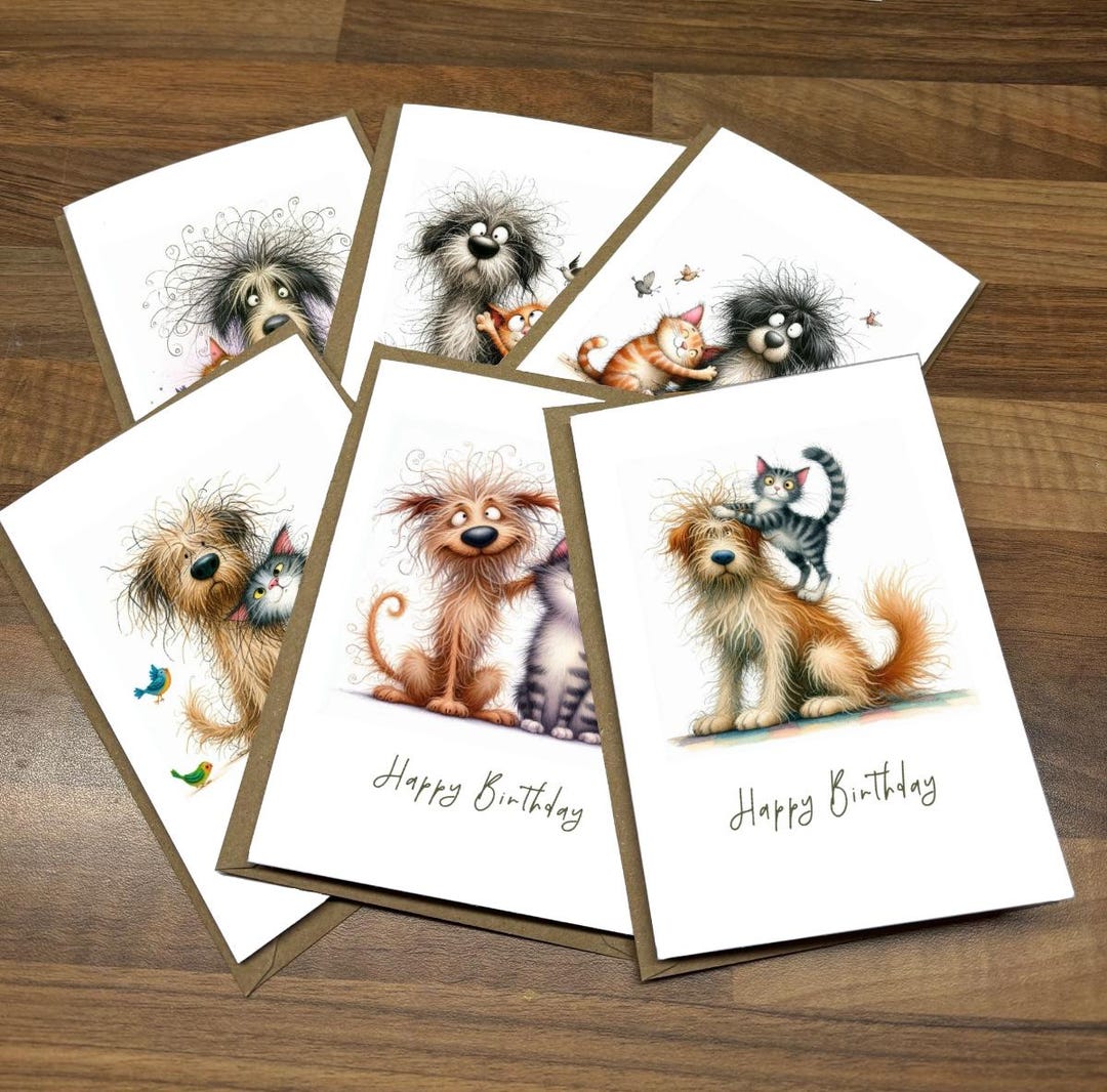 Funny Cat and Dog Birthday Card Pack, Multipack 6 Handmade Greeting ...