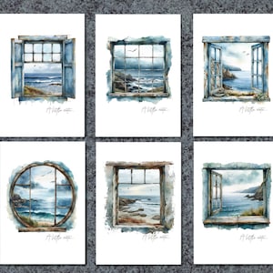 May include: Six watercolour paintings of windows with views of the ocean. Each painting has the text "A little escape" written below the window.