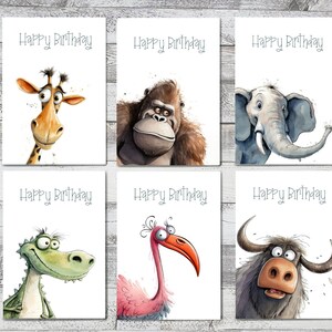 Funny Birthday Card Pack, Funny Safari Animal Faces, Cartoon African Animal Characters, 6 Handmade Cards, Fun Birthday Cards Multipack