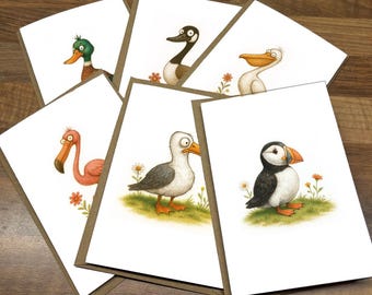 Blank Notelet Pack, Funny Cartoon Water Birds, Multipack of 6 Handmade Greeting Cards, Any Occasion Cards for Him or Her