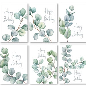 Birthday Card Pack 6 Simple Elegant Watercolour Eucalyptus Designs Multipack Pack of Birthday Cards