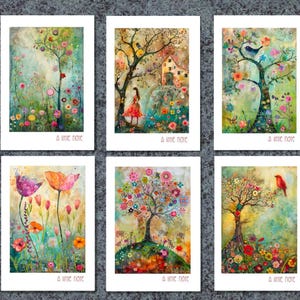 May include: Set of six greeting cards featuring whimsical watercolour illustrations of trees, flowers, and birds. Each card has a white border and the text "a little note" at the bottom.