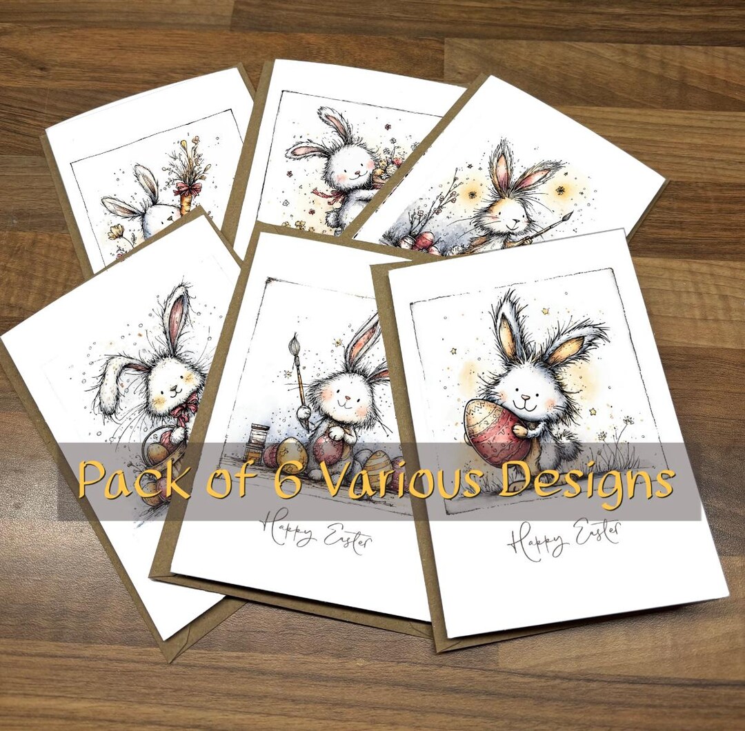 Easter Bunny Card Pack, 6 Handmade Whimsical Pen and Watercolour Style ...