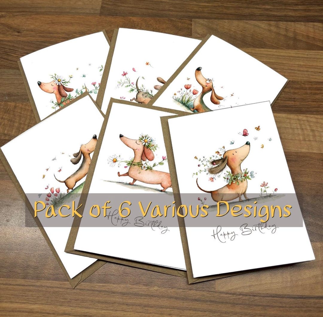 Funny Sausage Dog Birthday Card Pack, Multipack 6 Handmade Greeting ...