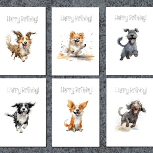 Birthday Card Pack Happy Friendly Dog Illustrations Varied Designs Multipack of 6 Handmade Greeting Cards, Dog Breeds Fun Birthday Cards