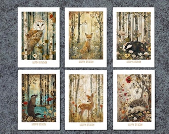 Birthday Card Pack, 6 Handmade Cards, Beautiful Watercolour Style Woodland Animals, Badger, Fox, Hedgehog, Otter, Owl, Deer, Pack A