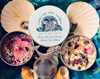 Mermaid Dreams Package: self care ritual kit Looseleaf herbal tea ball bath salt candle birthday crystals lucid mermaiding merpeople