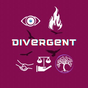 Puede incluir: Un dise&ntilde;o gr&aacute;fico con la palabra "DIVERGENT" en letras blancas con un contorno rojo. El dise&ntilde;o tambi&eacute;n incluye cinco s&iacute;mbolos: un ojo, una llama, una balanza, una mano y un &aacute;rbol. El fondo es de color morado s&oacute;lido.