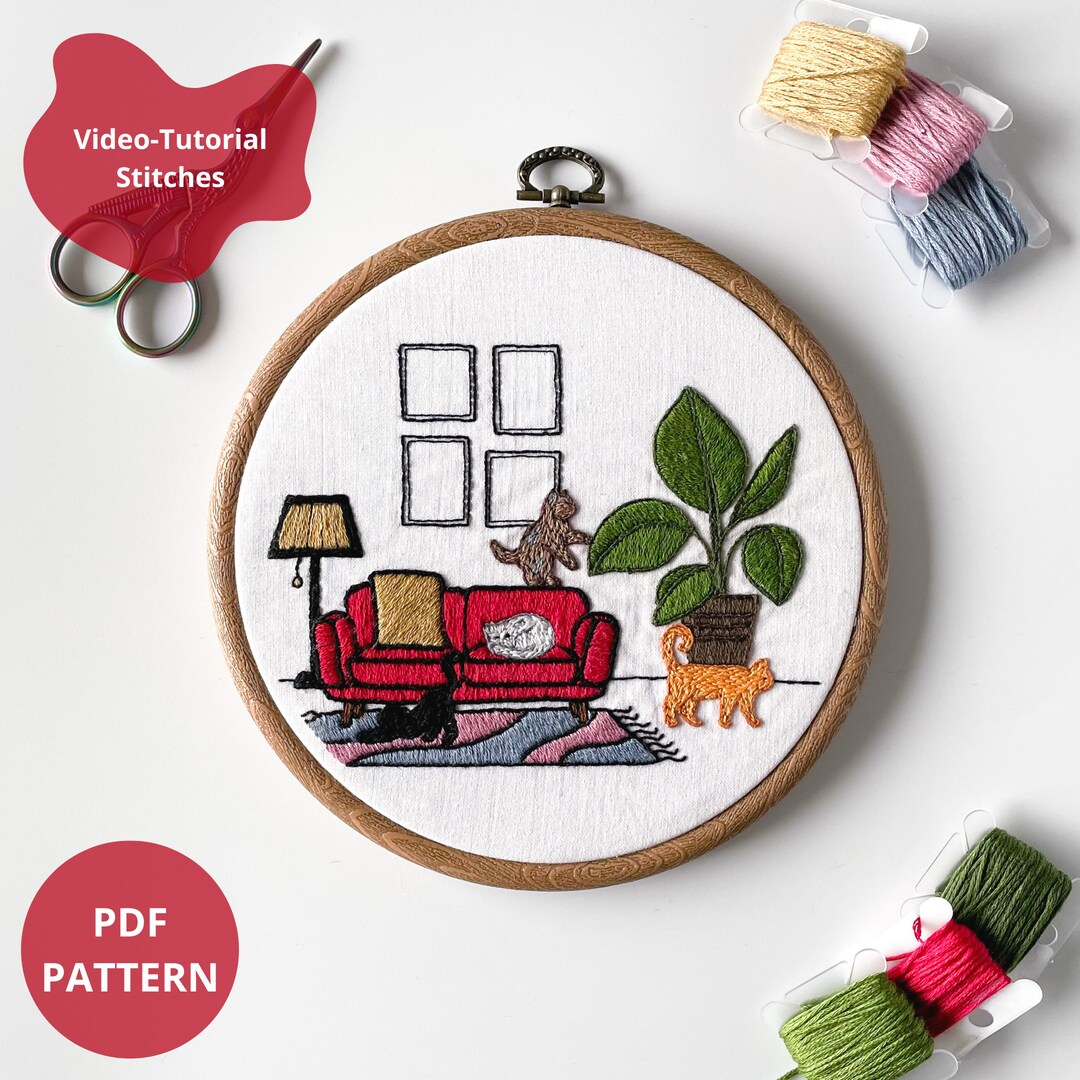 Cats Living Room Embroidery Pattern: Customizable Design (PDF Pattern ...
