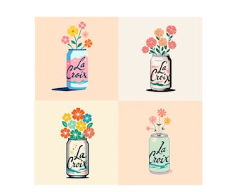 Set di 4 stampe ad acqua frizzante La Croix, arte da parete La Croix Can, arte da parete floreale, stampe floreali, arte minimalista, stampa botanica, arte da parete