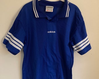 Vintage 80s/90s Adidas blue collared 3 stripe soccer jersey