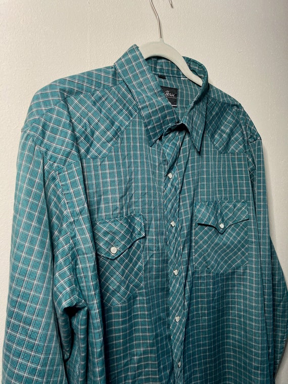 Vintage Whitehorse Teal Plaid Western Long Sleeve Button up Shirt with Opaque Buttons View 3