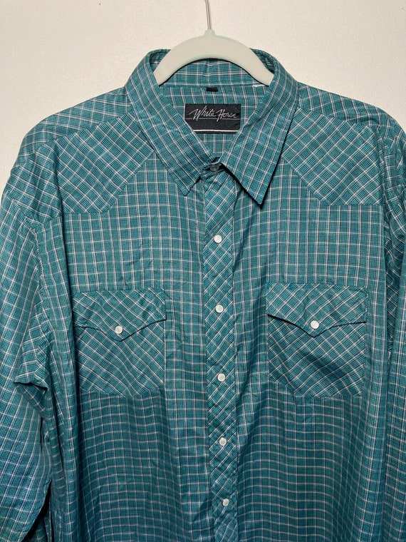 Vintage Whitehorse Teal Plaid Western Long Sleeve Button up Shirt with Opaque Buttons View 2