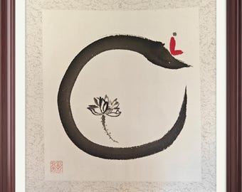 Zen Enso Circle Wall Art Minimalist Japanese Ink Painting Lotus Meditation Art Wabi Sabi Spiritual Decor Framed Black Brush Artwork
