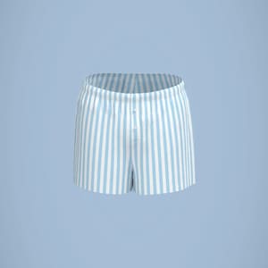 May include: Blue and white striped boxer shorts.