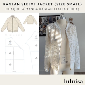 May include: Cream lace raglan sleeve jacket, size small, displayed on a mannequin. The jacket has a zip closure and white trim. The image also includes a pattern diagram and the text "RAGLAN SLEEVE JACKET (SIZE SMALL)" and "luluisa".