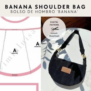 Può includere: Un cartamodello digitale per una borsa a tracolla nera a forma di 'banana'. Il cartamodello include istruzioni per cucire la borsa e un diagramma della forma della borsa. Il cartamodello è disponibile per il download immediato.
