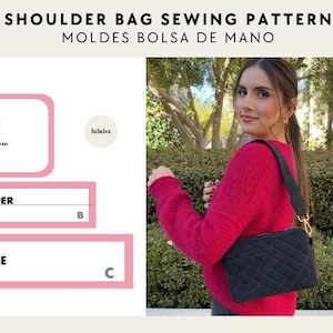 Può includere: Un cartamodello per una borsa a tracolla, con istruzioni e diagrammi etichettati "A", "B" e "C". Il cartamodello è per una borsa nera trapuntata con una tracolla a catena dorata. L'immagine mostra anche una donna che indossa la borsa.