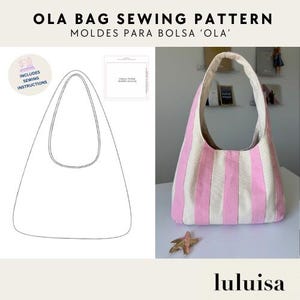 Peut inclure: Un patron de couture pour sac Ola avec un exemple de sac fini. Le sac est à rayures roses et blanches. Le patron comprend des instructions de couture. Le sac a une seule bandoulière et une forme arrondie. Le texte sur l'image dit "Ola Bag Sewing Pattern".