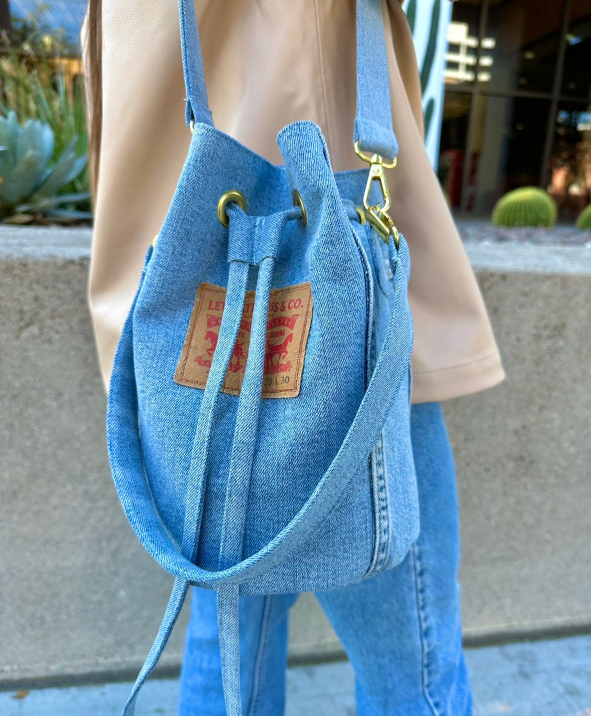 Denim bucket bag hotsell